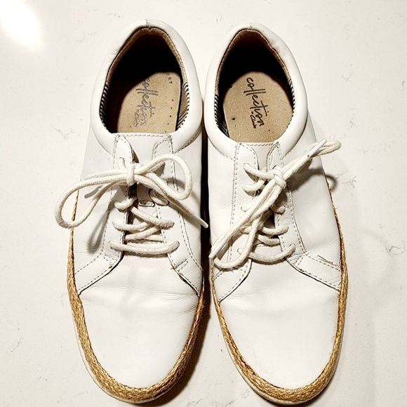 Clark's Collection White Leather Marie Mist Raffia Trim Sneakers Women's 8 EUC - Picture 2 of 9